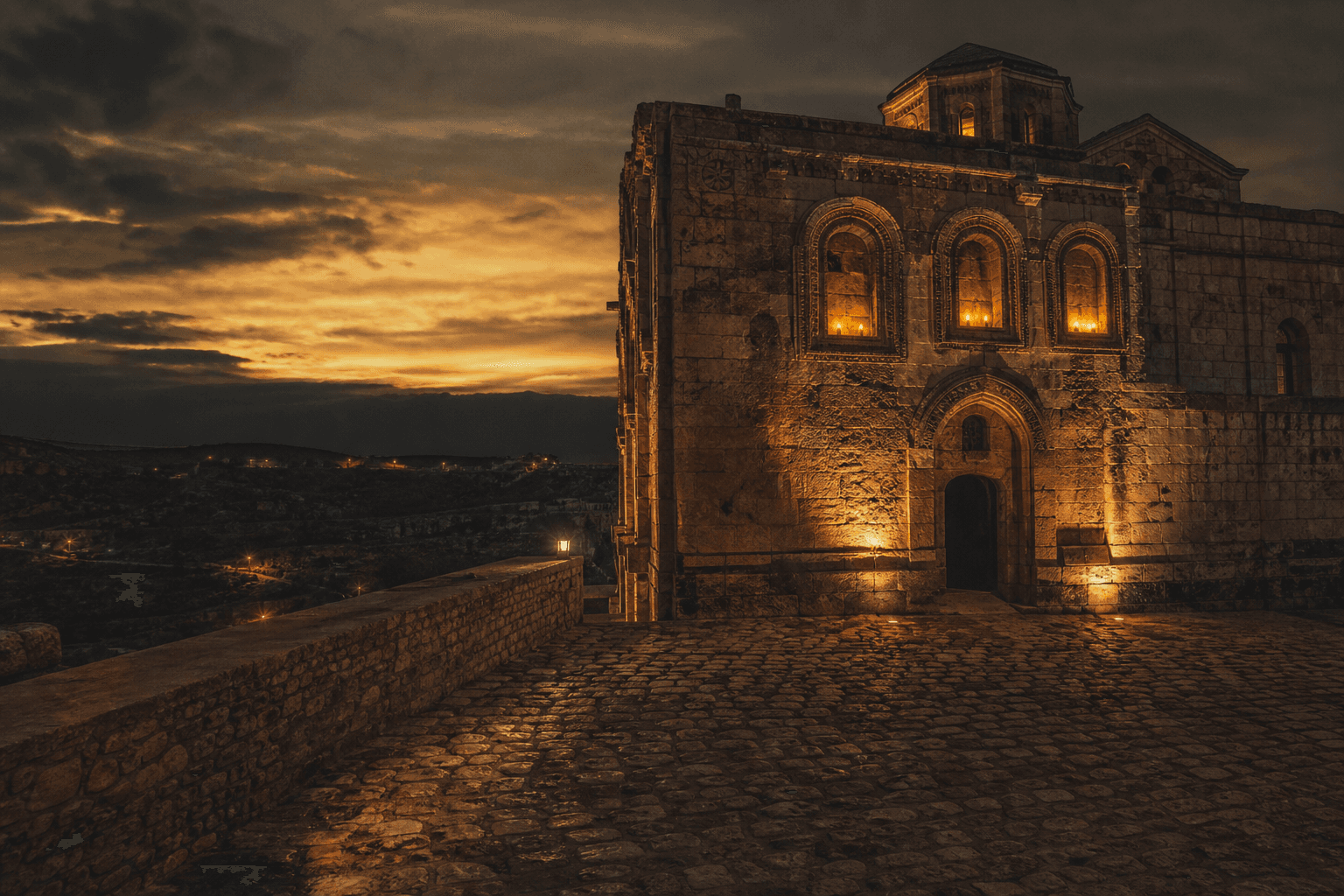 Mardin taş kilisesi atmosferinde Trakya gün batımı tonlarında Medyum Armağan Hoca Edirne danışmanlık görseli